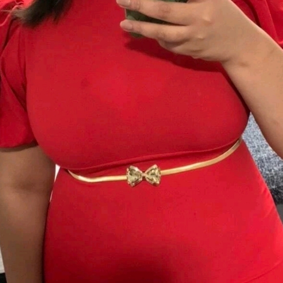 Metallic stretch Gold belt bow buckle waist cinch elegant evening dress - Picture 3 of 10